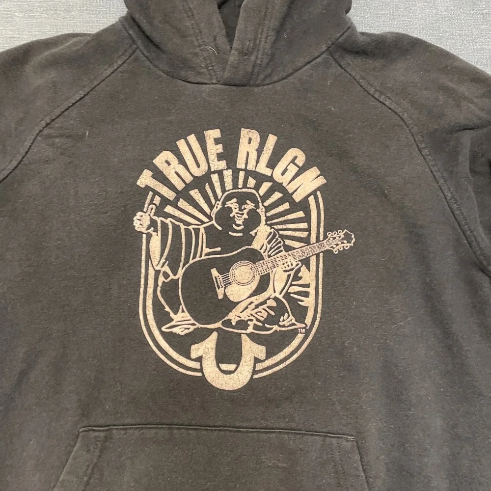 True Religion Hoodie Mens M Black Fleece Lined Buddha Graphic Pullover Cozy